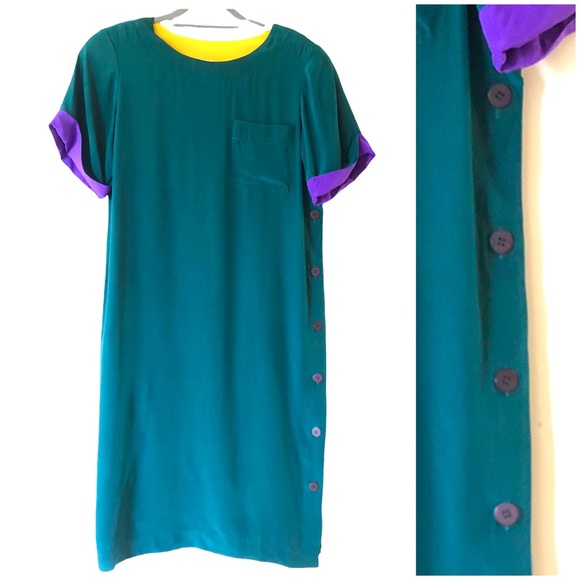 Vintage 80s Liz Claiborne 100% Silk Button Side Colorblock Shift Dress 8… - Picture 5 of 16